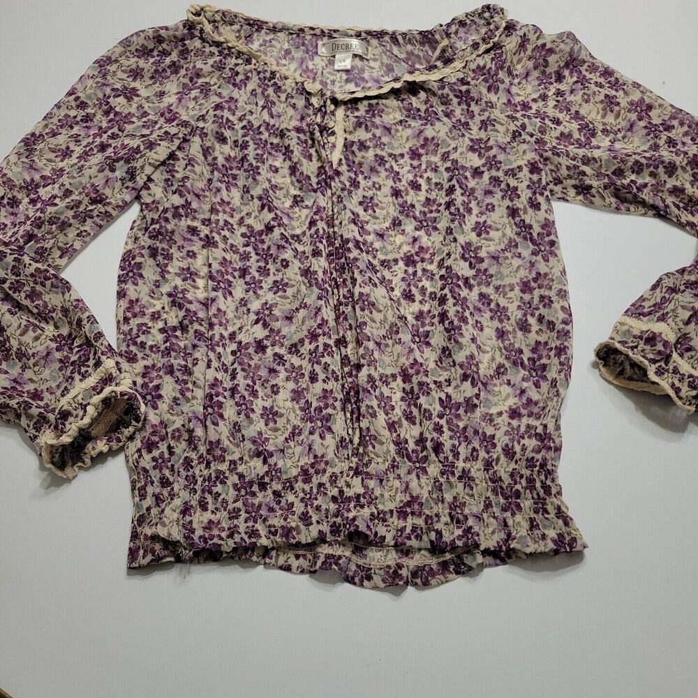 Decree Blouse Womens Large Popover Tie Top Purple Floral Sheer Long Sleeve Shirt